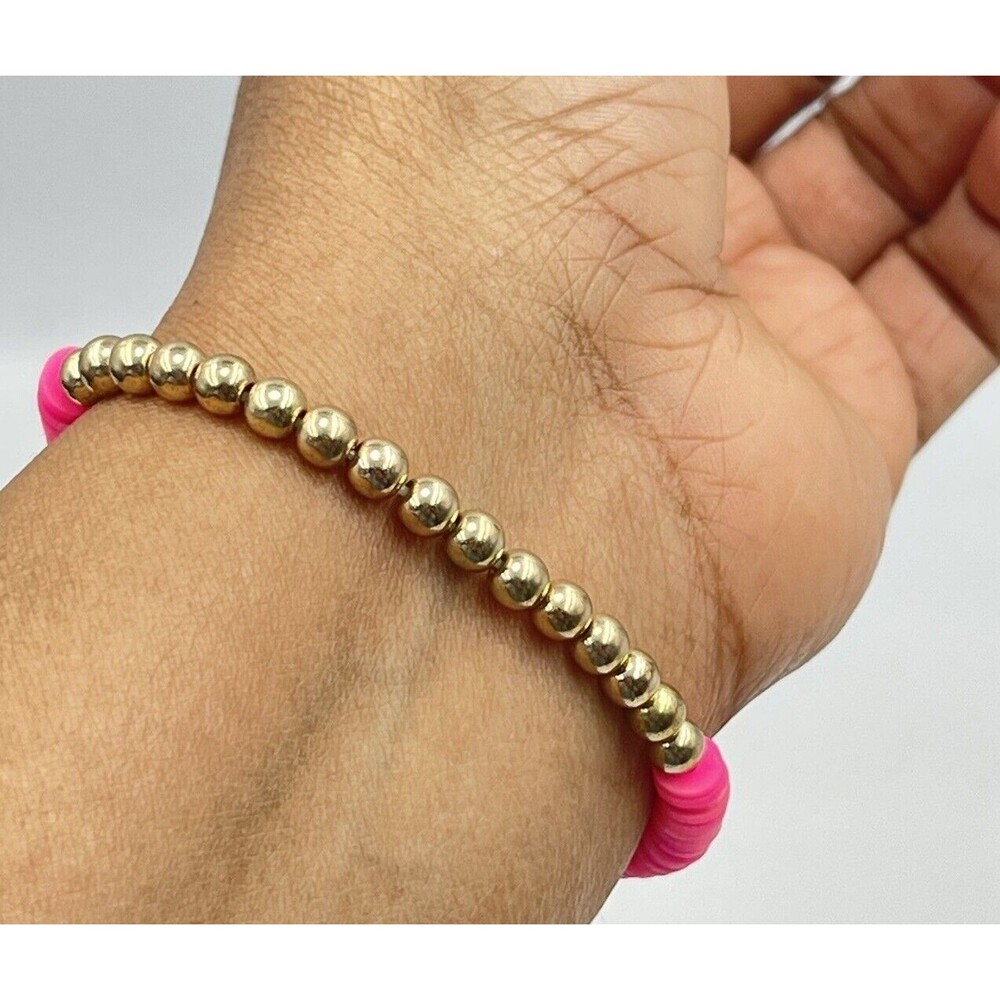 New Women’s & Girls Flat Beads Pink Bracelet With Metal Gold Color Beads White - Picture 5 of 7